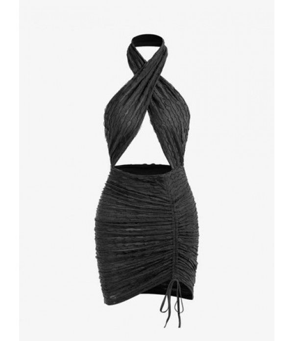 Halter Crossover Frilled Cutout Ruched Slinky Open Back Dress